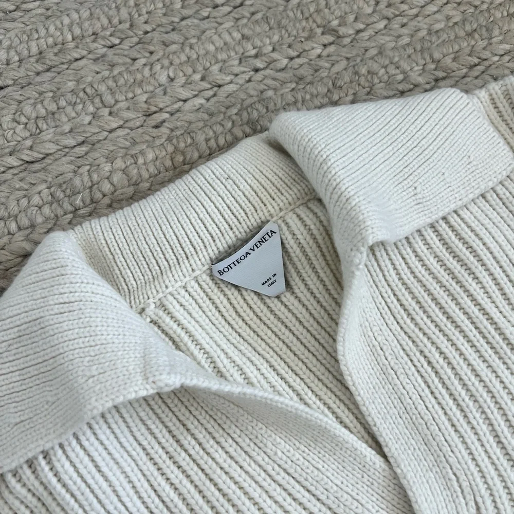 Bottega Veneta Cashmere Blend Cream Ribbed Knit Sailor Polo V Neck Sweater - Picture 3 of 5